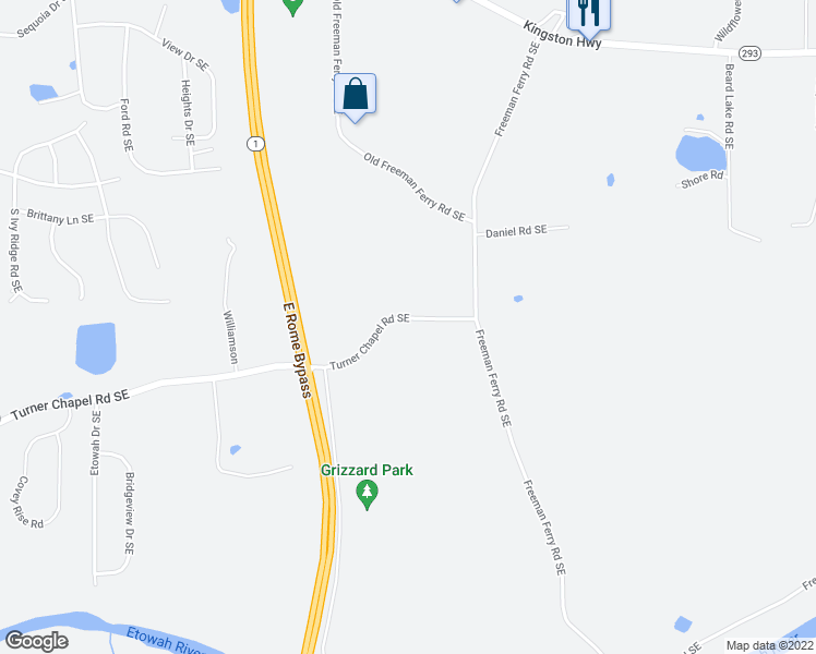 map of restaurants, bars, coffee shops, grocery stores, and more near 1296 Turner Chapel Road Southeast in Rome