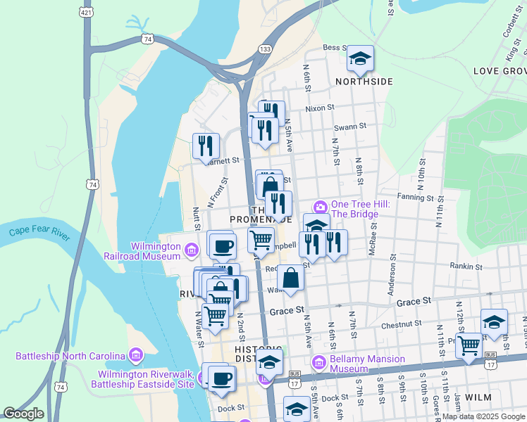 map of restaurants, bars, coffee shops, grocery stores, and more near 311 Hanover Street in Wilmington
