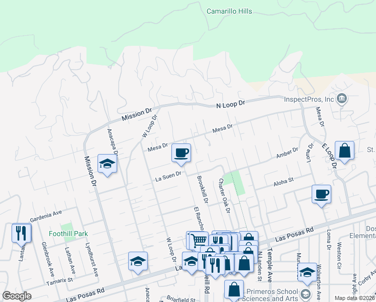 map of restaurants, bars, coffee shops, grocery stores, and more near 284 Mesa Drive in Camarillo