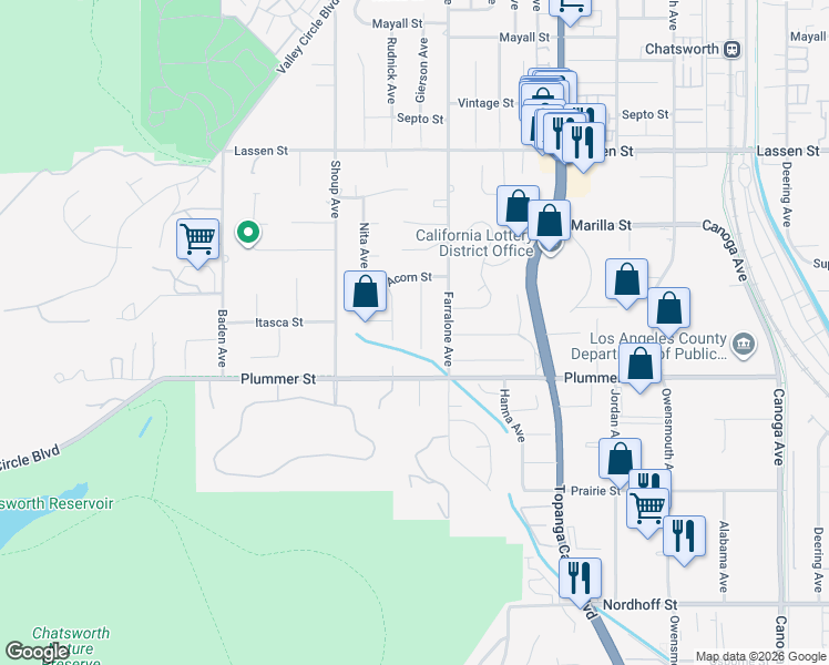map of restaurants, bars, coffee shops, grocery stores, and more near 9551 Gierson Avenue in Los Angeles