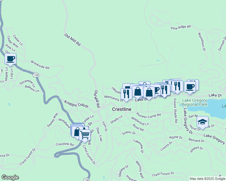 map of restaurants, bars, coffee shops, grocery stores, and more near 23679 Hillside Drive in Crestline