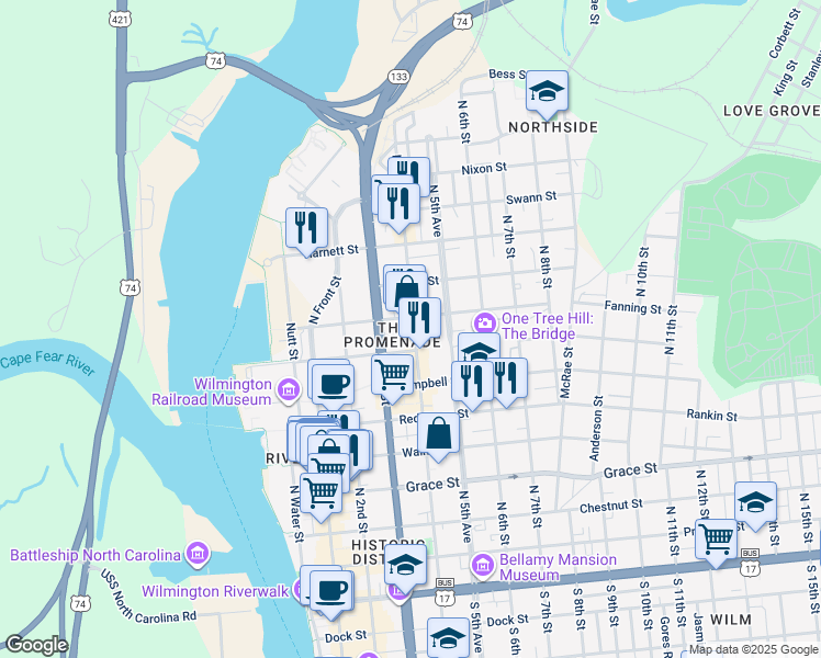 map of restaurants, bars, coffee shops, grocery stores, and more near 713 North 4th Street in Wilmington
