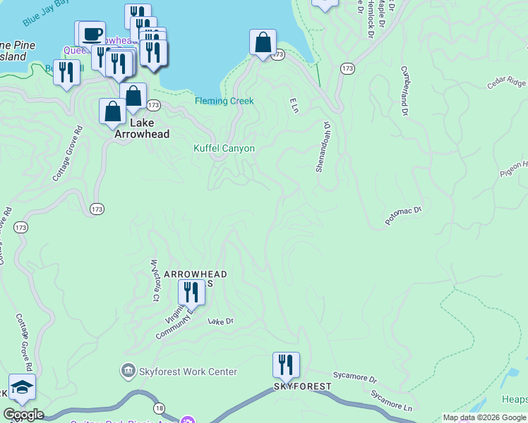 map of restaurants, bars, coffee shops, grocery stores, and more near Sunderland Court in Lake Arrowhead