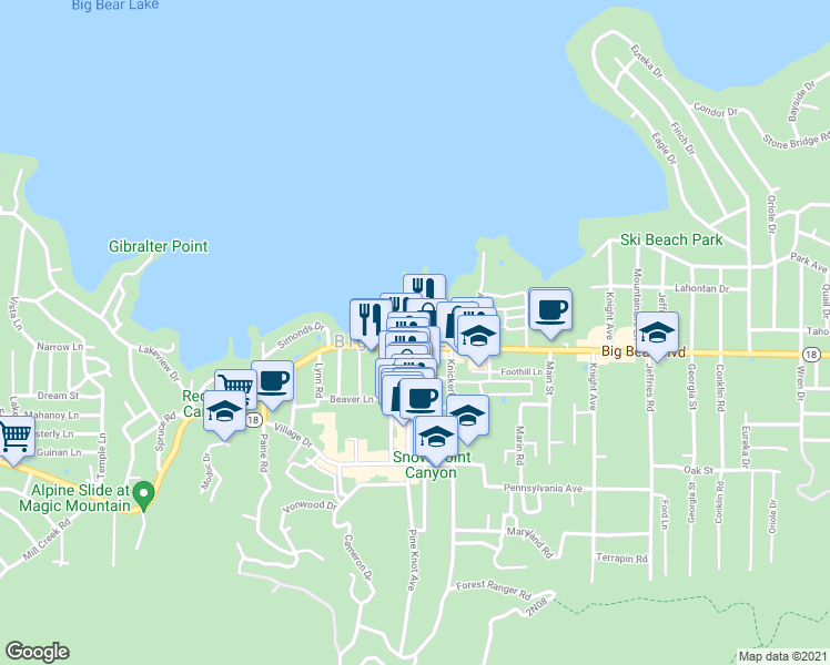 map of restaurants, bars, coffee shops, grocery stores, and more near 40824 Big Bear Boulevard in Big Bear Lake