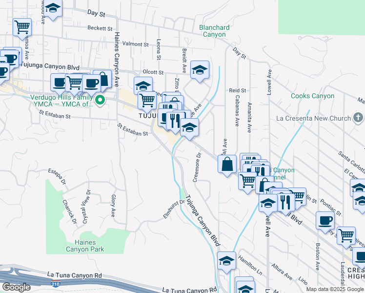 map of restaurants, bars, coffee shops, grocery stores, and more near 9736 Tujunga Canyon Place in Los Angeles