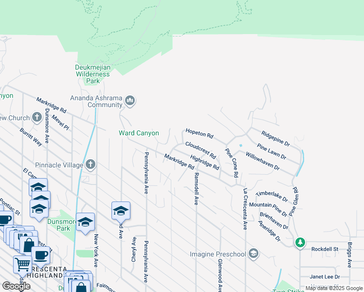 map of restaurants, bars, coffee shops, grocery stores, and more near 3058 Cloudcrest Road in La Crescenta-Montrose