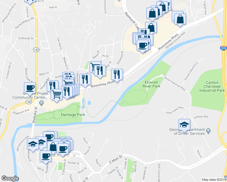 map of restaurants, bars, coffee shops, grocery stores, and more near 131 Riverwatch Court in Canton