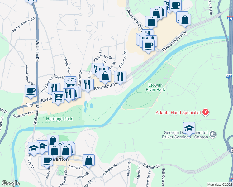 map of restaurants, bars, coffee shops, grocery stores, and more near 131 Riverwatch Court in Canton