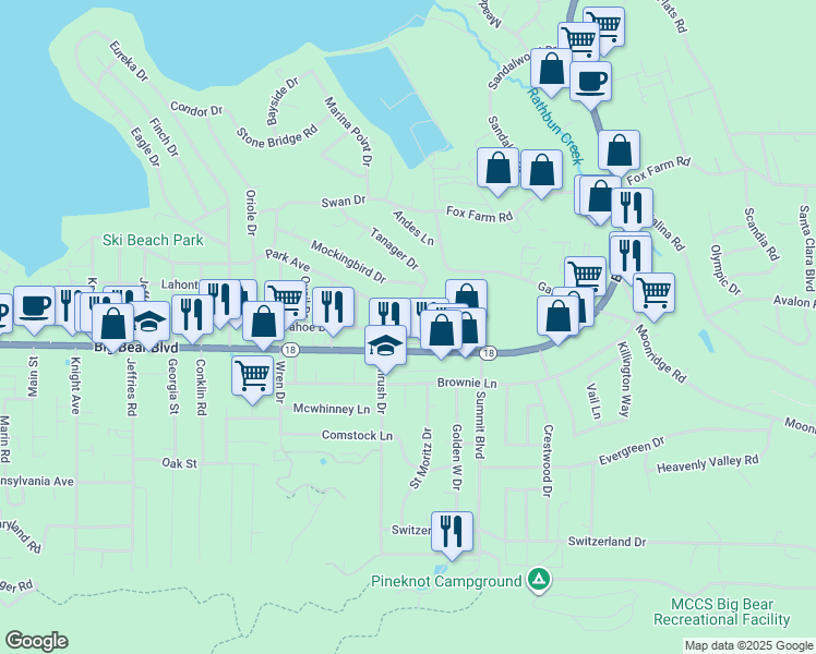 map of restaurants, bars, coffee shops, grocery stores, and more near in Big Bear Lake