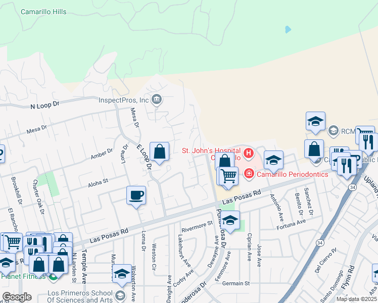 map of restaurants, bars, coffee shops, grocery stores, and more near 2469 Calle Cita in Camarillo