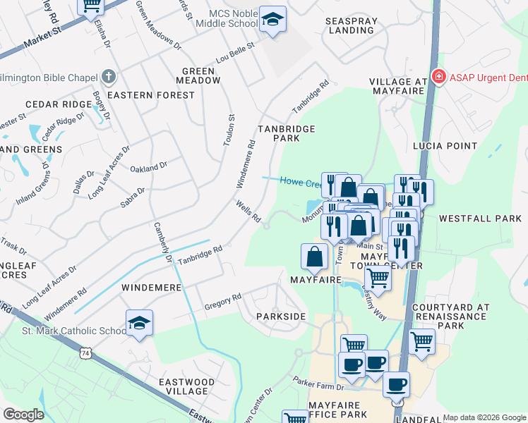 map of restaurants, bars, coffee shops, grocery stores, and more near 6700 Monument Drive in Wilmington