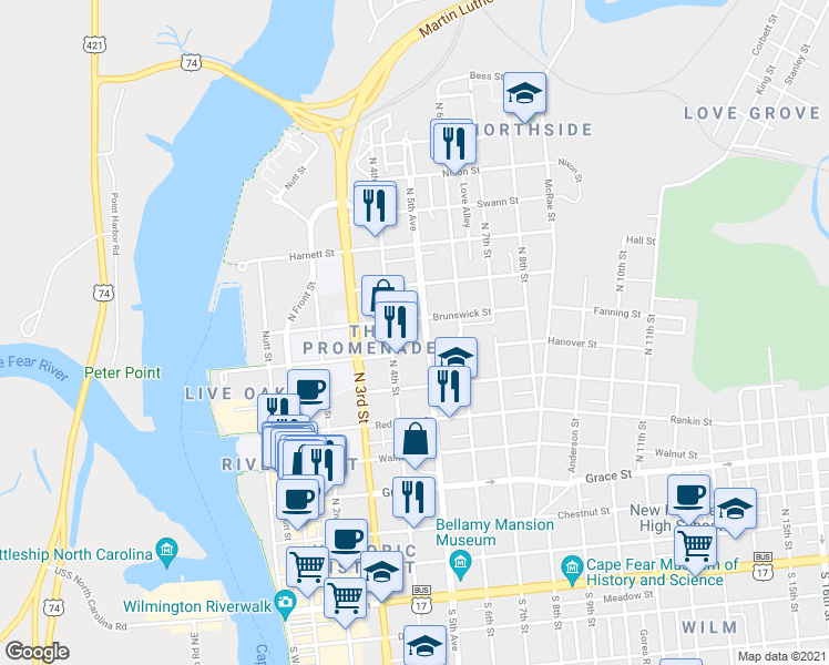 map of restaurants, bars, coffee shops, grocery stores, and more near 703 North 5th Avenue in Wilmington