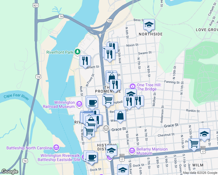 map of restaurants, bars, coffee shops, grocery stores, and more near 311 Hanover Street in Wilmington