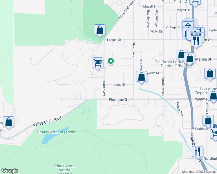 map of restaurants, bars, coffee shops, grocery stores, and more near 22531 Ballinger Street in Los Angeles