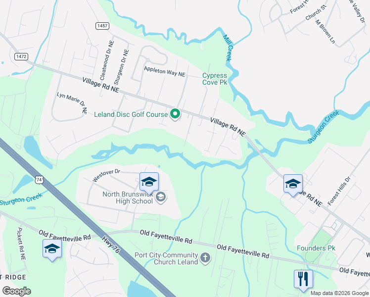 map of restaurants, bars, coffee shops, grocery stores, and more near 9730 Lennon Lane Northeast in Leland