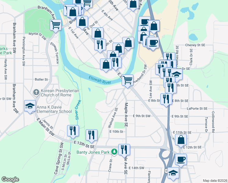 map of restaurants, bars, coffee shops, grocery stores, and more near 310 East 6th Street in Rome