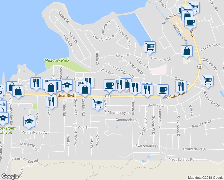 map of restaurants, bars, coffee shops, grocery stores, and more near Tahoe Drive in Big Bear Lake