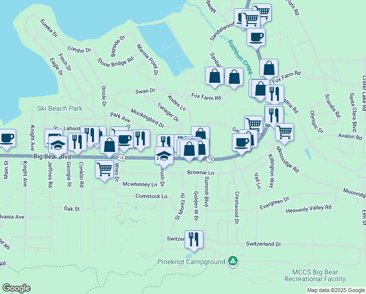 map of restaurants, bars, coffee shops, grocery stores, and more near 475 Thrush Drive in Big Bear Lake