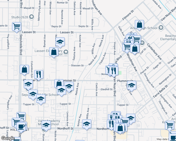 map of restaurants, bars, coffee shops, grocery stores, and more near 14727 Plummer Street in Los Angeles