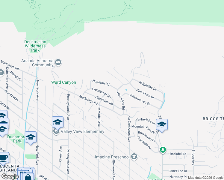 map of restaurants, bars, coffee shops, grocery stores, and more near 2943 Cloudcrest Road in La Crescenta-Montrose