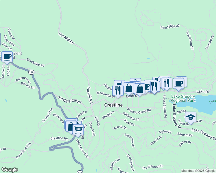 map of restaurants, bars, coffee shops, grocery stores, and more near 23690 Hillside Drive in Crestline