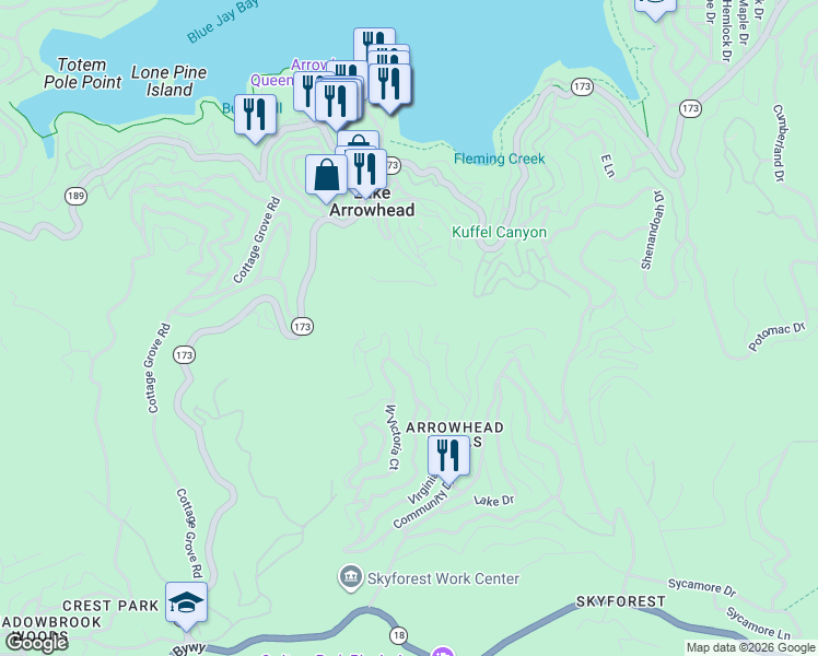 map of restaurants, bars, coffee shops, grocery stores, and more near 501 Wellsley Drive in Lake Arrowhead