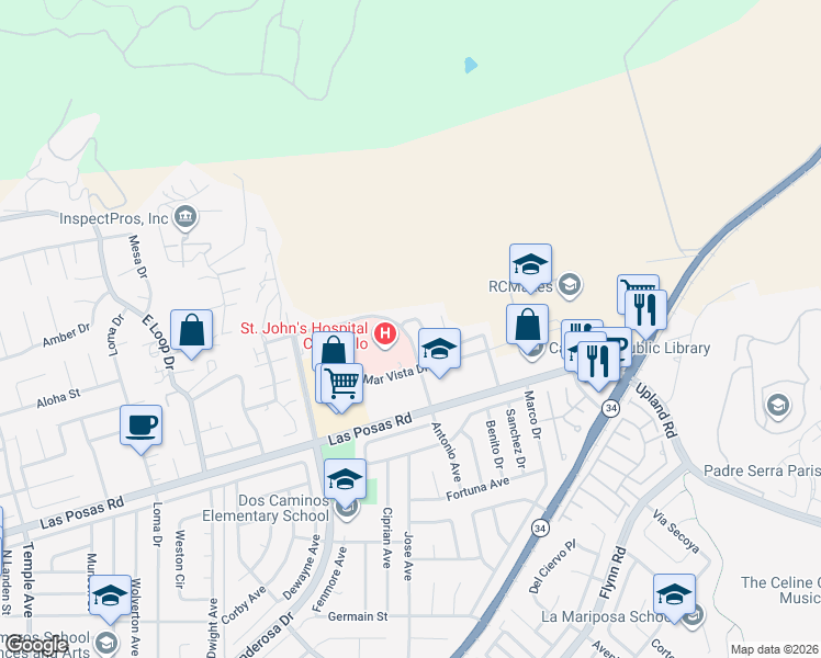 map of restaurants, bars, coffee shops, grocery stores, and more near 2587 Villamonte Court in Camarillo