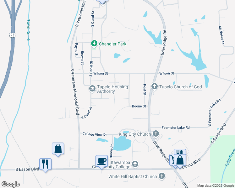 map of restaurants, bars, coffee shops, grocery stores, and more near 863 Hill N Dale Drive in Tupelo