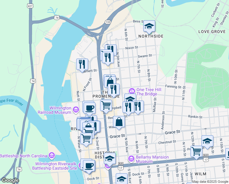 map of restaurants, bars, coffee shops, grocery stores, and more near 311 Hanover Street in Wilmington