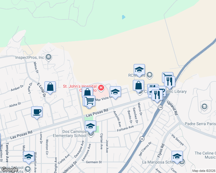 map of restaurants, bars, coffee shops, grocery stores, and more near 2587 Villamonte Court in Camarillo