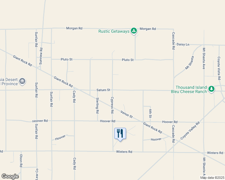 map of restaurants, bars, coffee shops, grocery stores, and more near 62300 Saturn Street in Joshua Tree