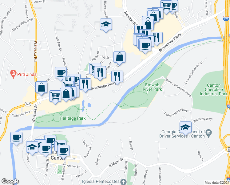 map of restaurants, bars, coffee shops, grocery stores, and more near 125 Riverwatch Court in Canton