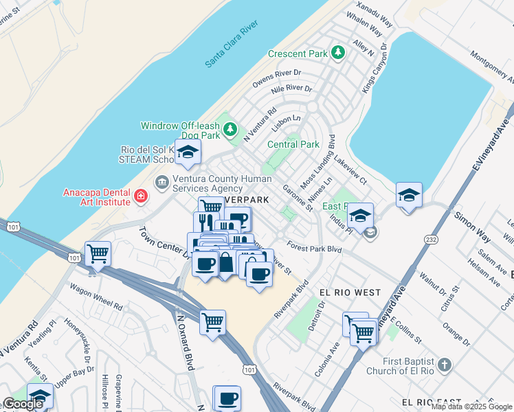 map of restaurants, bars, coffee shops, grocery stores, and more near 629 Forest Park Boulevard in Oxnard
