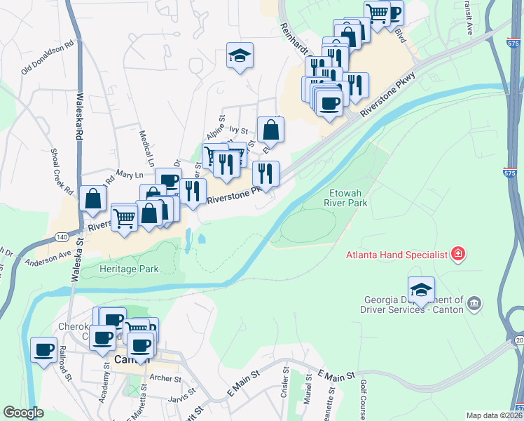 map of restaurants, bars, coffee shops, grocery stores, and more near 123 Riverwatch Court in Canton