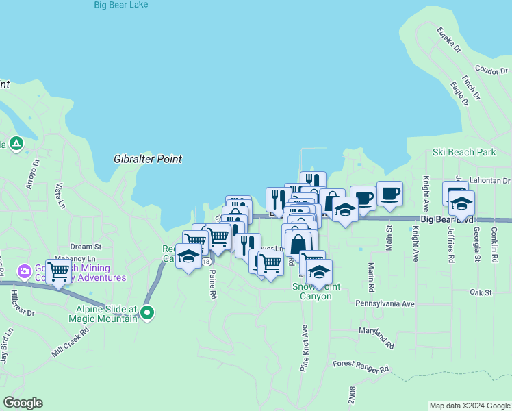 map of restaurants, bars, coffee shops, grocery stores, and more near 40670 Big Bear Boulevard in Big Bear Lake