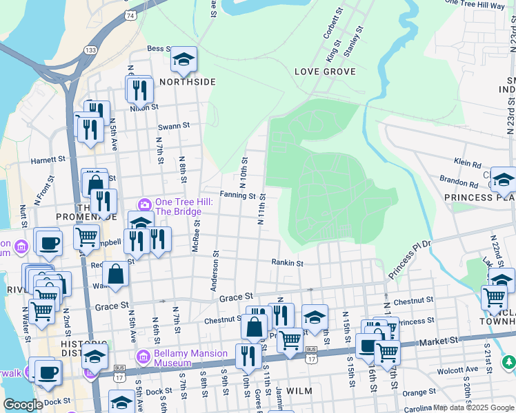 map of restaurants, bars, coffee shops, grocery stores, and more near 711 North 11th Street in Wilmington