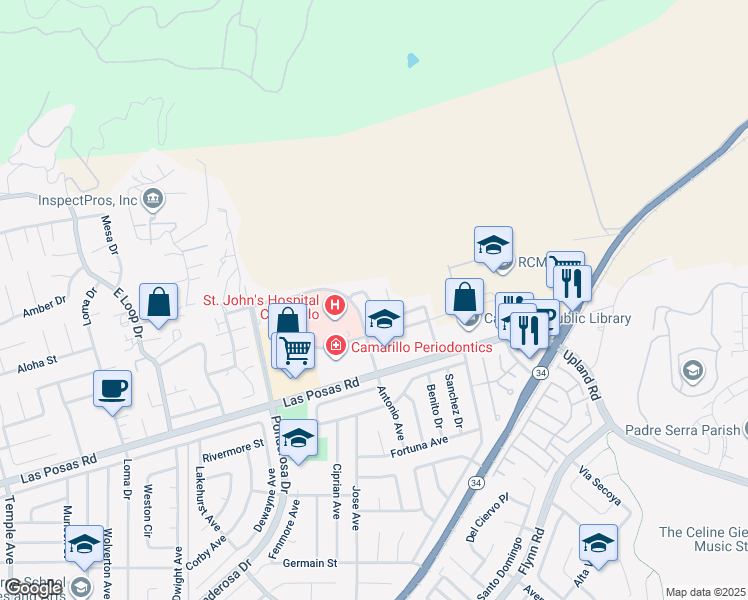 map of restaurants, bars, coffee shops, grocery stores, and more near 2562 Villamonte Court in Camarillo