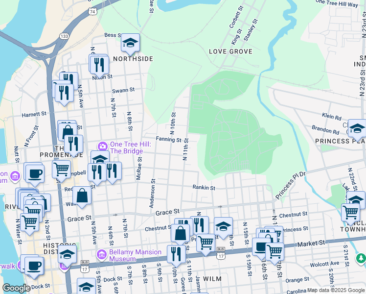 map of restaurants, bars, coffee shops, grocery stores, and more near 711 North 11th Street in Wilmington