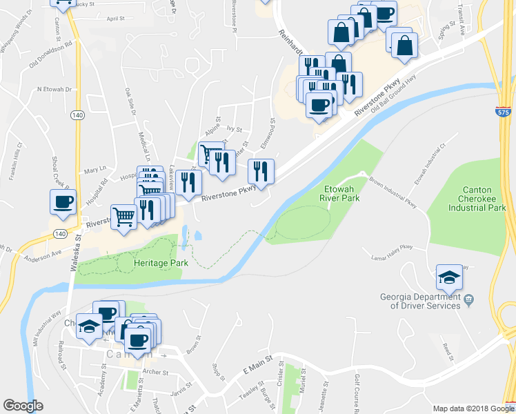 map of restaurants, bars, coffee shops, grocery stores, and more near 121 Riverwatch Court in Canton
