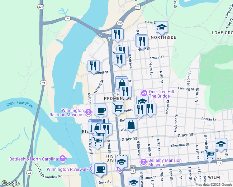map of restaurants, bars, coffee shops, grocery stores, and more near 302 Brunswick Street in Wilmington