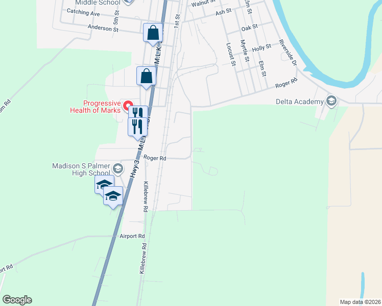 map of restaurants, bars, coffee shops, grocery stores, and more near 334 Roger Road Extension in Marks