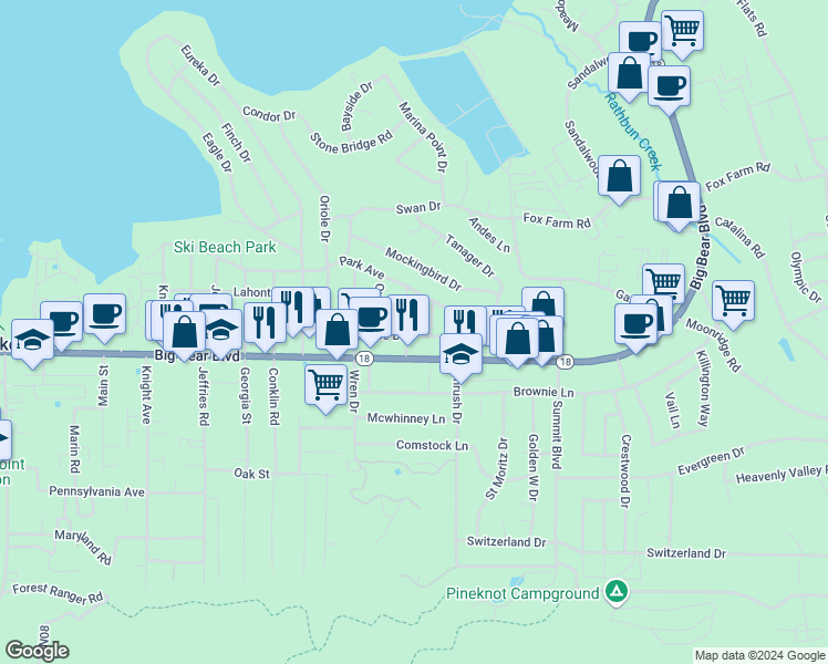 map of restaurants, bars, coffee shops, grocery stores, and more near 455 Crane Drive in Big Bear Lake
