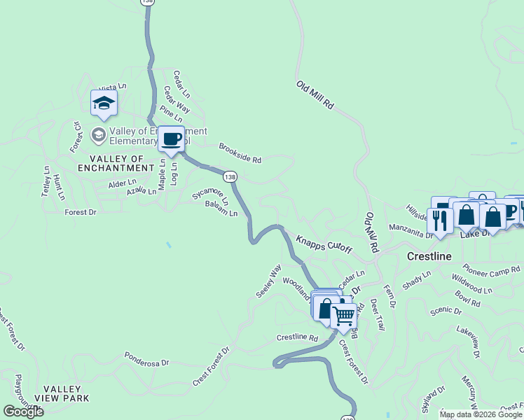 map of restaurants, bars, coffee shops, grocery stores, and more near 480 Valley Road in Crestline