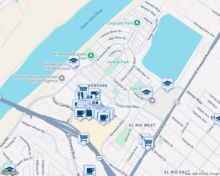 map of restaurants, bars, coffee shops, grocery stores, and more near 611 Green River Street in Oxnard