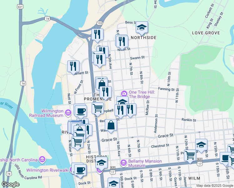 map of restaurants, bars, coffee shops, grocery stores, and more near 801 North 5th Avenue in Wilmington