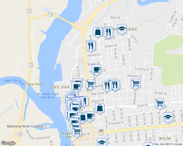 map of restaurants, bars, coffee shops, grocery stores, and more near 805 North 4th Street in Wilmington