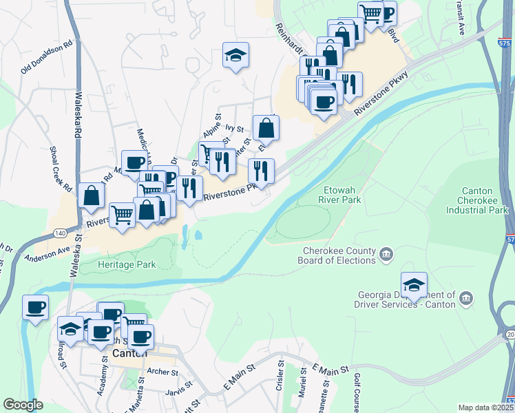 map of restaurants, bars, coffee shops, grocery stores, and more near 121 Riverwatch Court in Canton