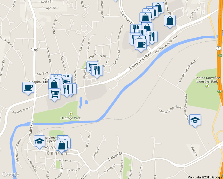 map of restaurants, bars, coffee shops, grocery stores, and more near 125 Riverwatch Court in Canton