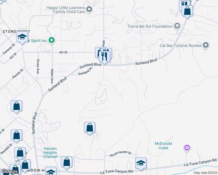 map of restaurants, bars, coffee shops, grocery stores, and more near 9658 Wheatland Avenue in Los Angeles