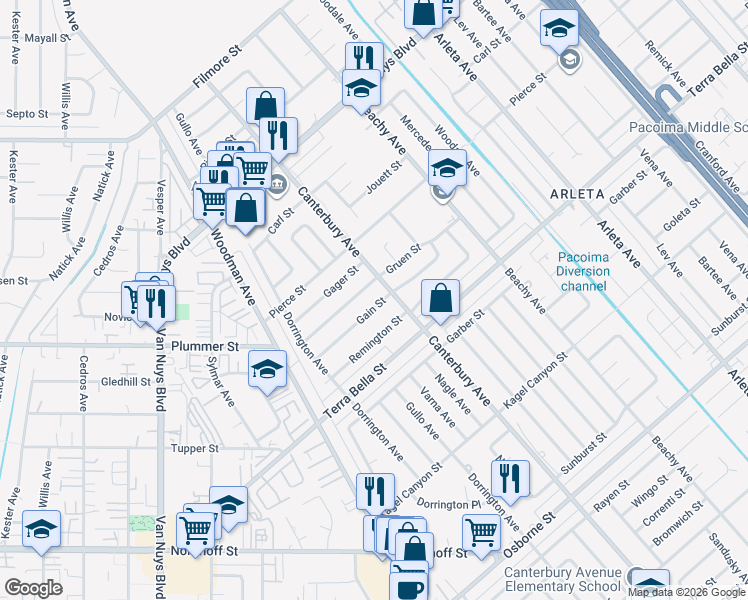 map of restaurants, bars, coffee shops, grocery stores, and more near 14119 Gain Street in Los Angeles